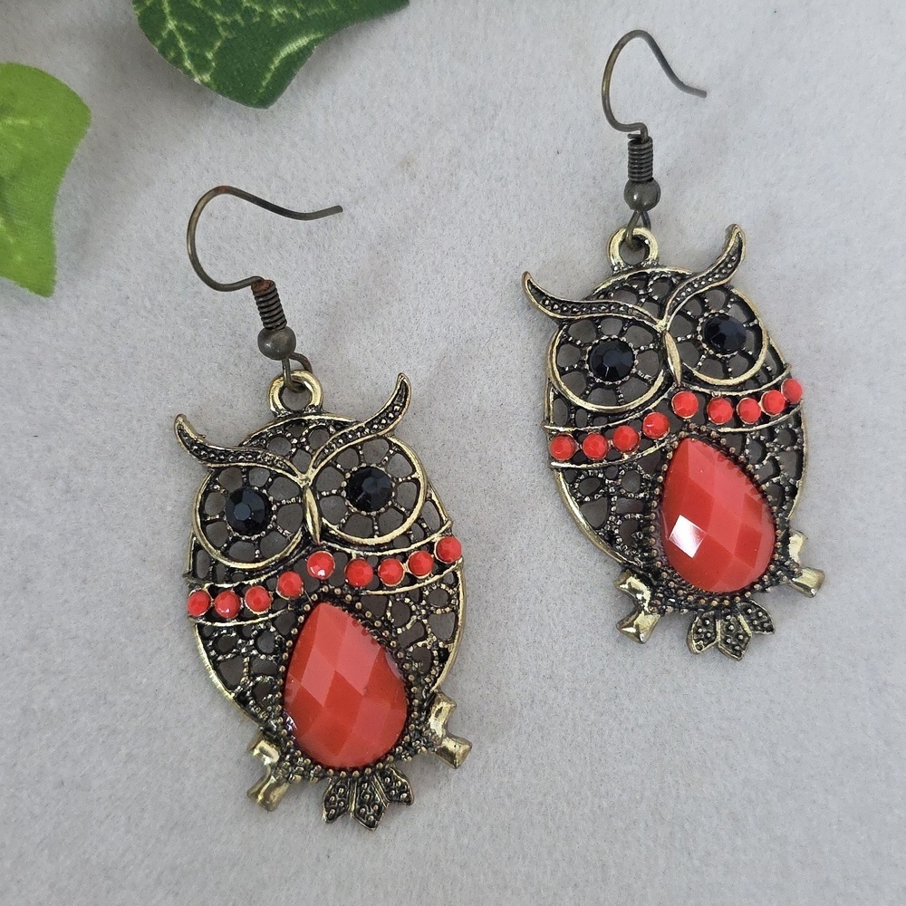 Vintage Antique Gold with Orange Owl Drop Earrings
